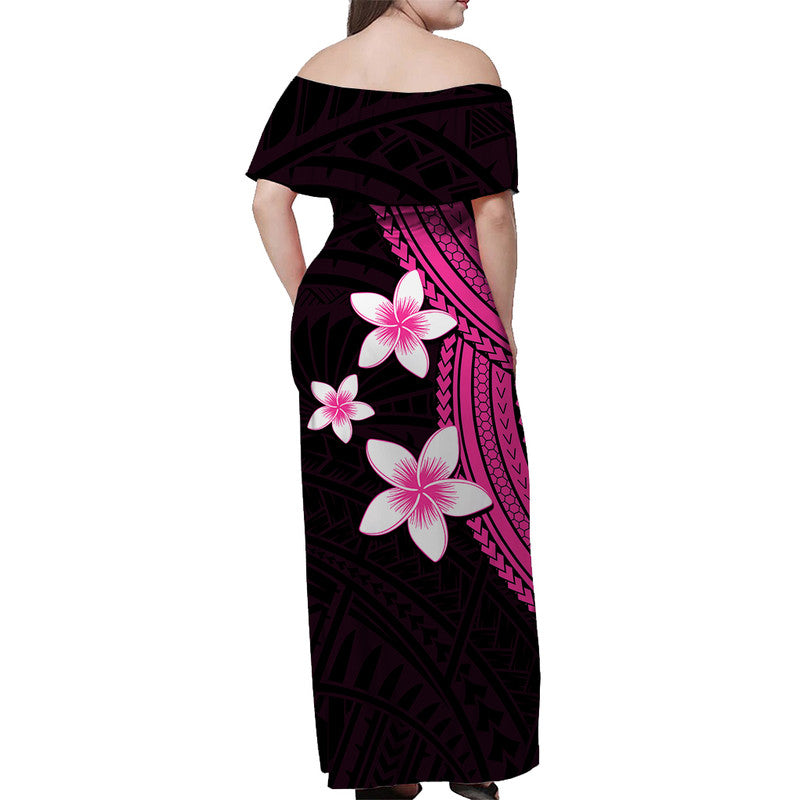 Off-shoulder long dress, dark floral print with pink plumeria and patterned panel down side