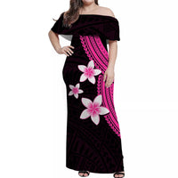Off-shoulder long dress with pink plumeria flowers on dark base, side patterned sash