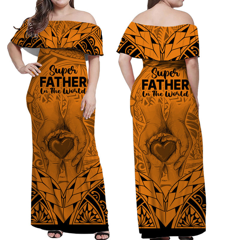 Matching Couple Outfit Polynesian Father's Day Gift For Dad Combo Off Long Dress and Hawaiian Shirt Super Father In The World - Gold Polynesian Pattern LT9 - Wonder Print Shop