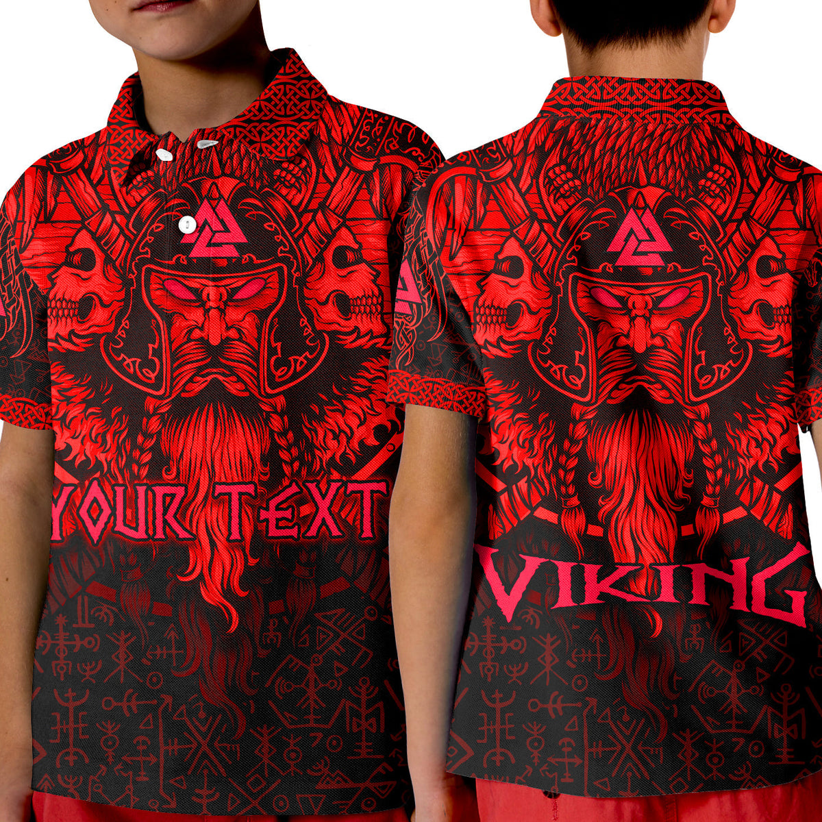 custom-viking-odin-polo-shirt-kid-celtic-knot-viking-head-with-axes-magical-runes-signs-red-color