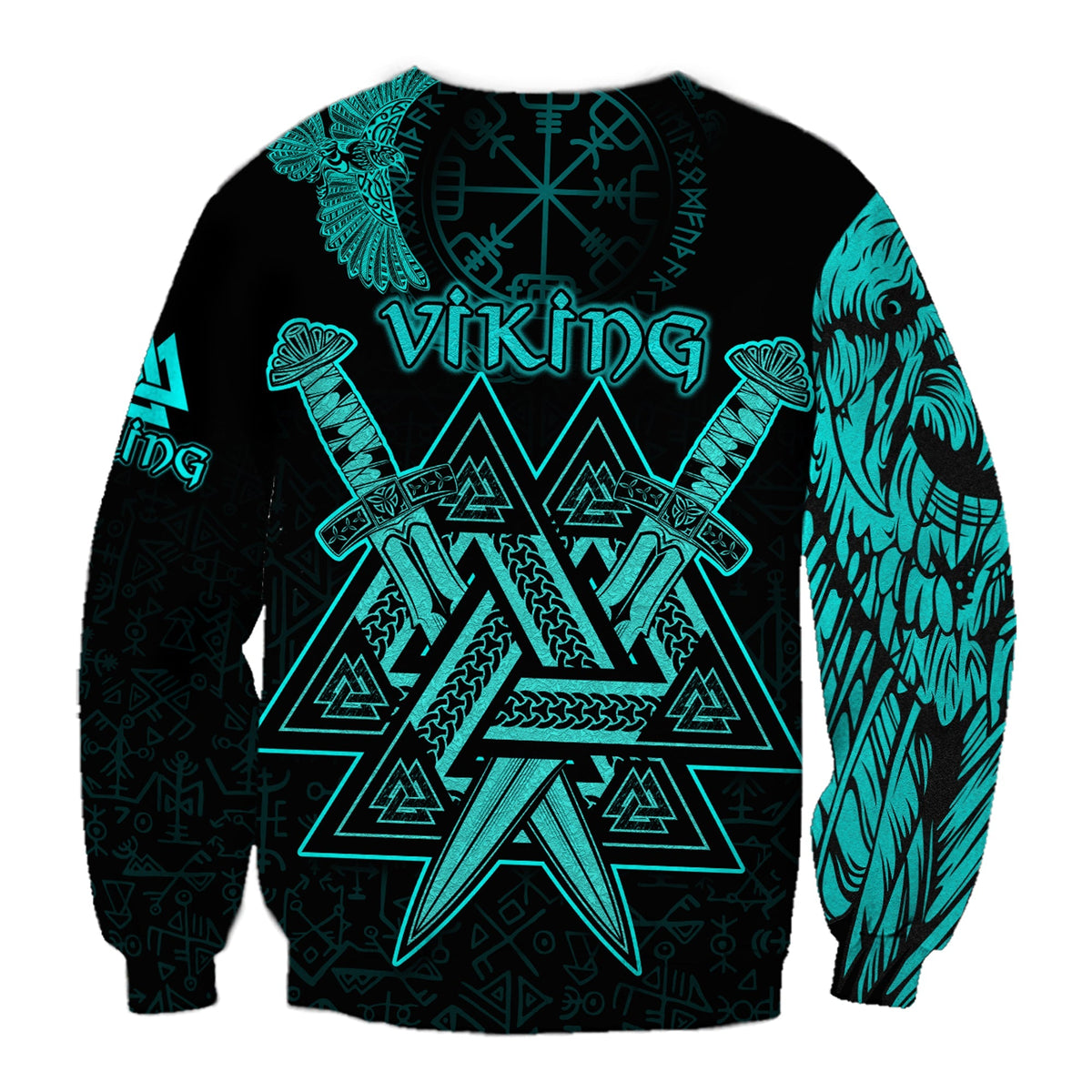 custom-viking-sweatshirt-valknut-raven-symbol-celtic-vegvisir-cyan-color