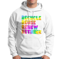 White hoodie with multicolor "Recycle Reuse Renew Rethink" graphic on chest