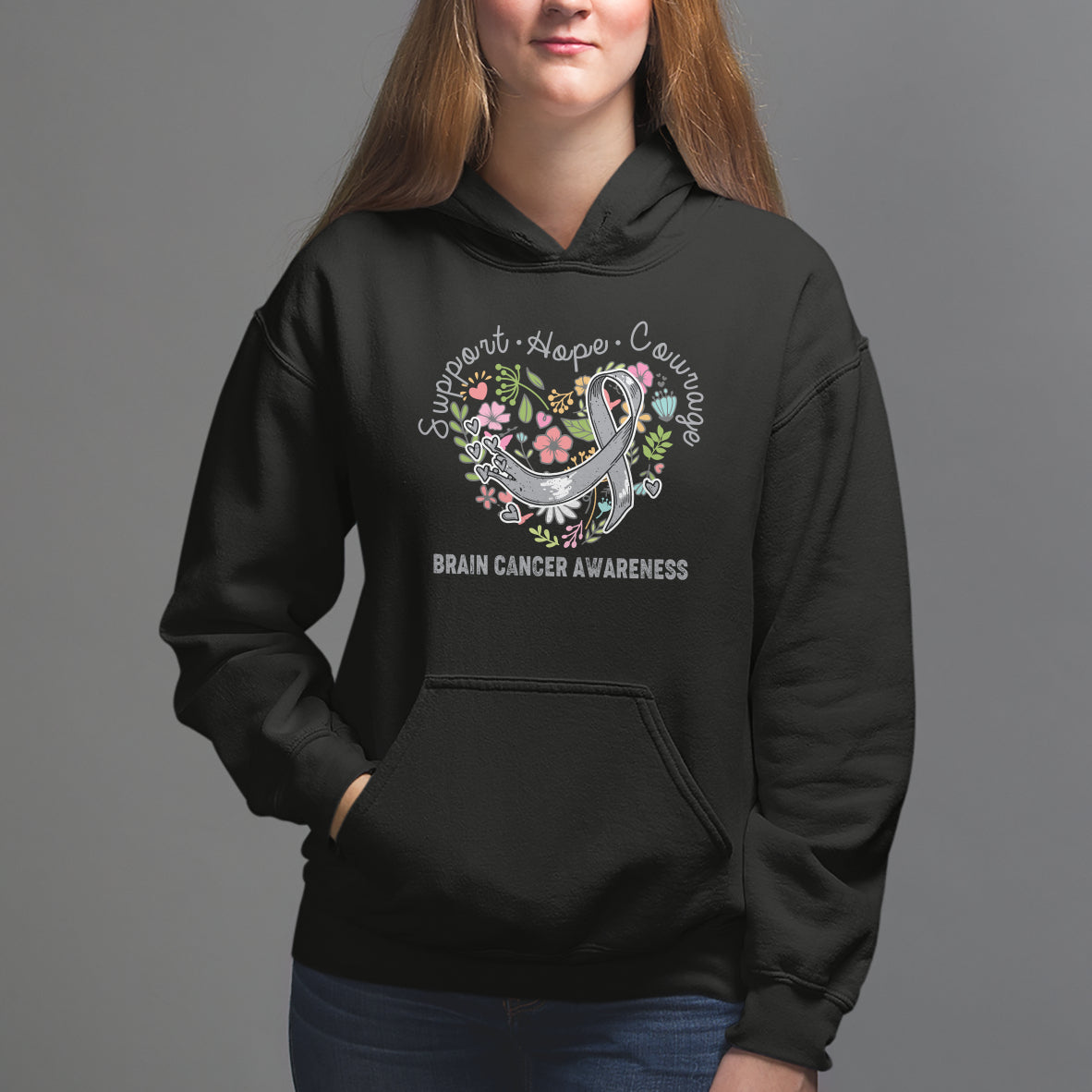Brain Cancer Hoodie Brain Cancer Awareness Support Hope Courage Grey Ribbon - Wonder Print Shop