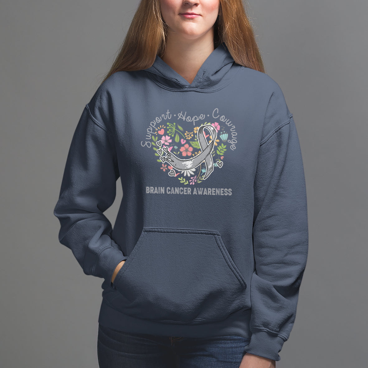 Brain Cancer Hoodie Brain Cancer Awareness Support Hope Courage Grey Ribbon - Wonder Print Shop