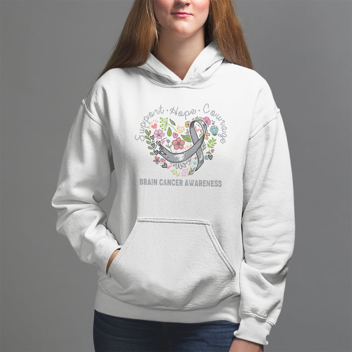 Brain Cancer Hoodie Brain Cancer Awareness Support Hope Courage Grey Ribbon - Wonder Print Shop