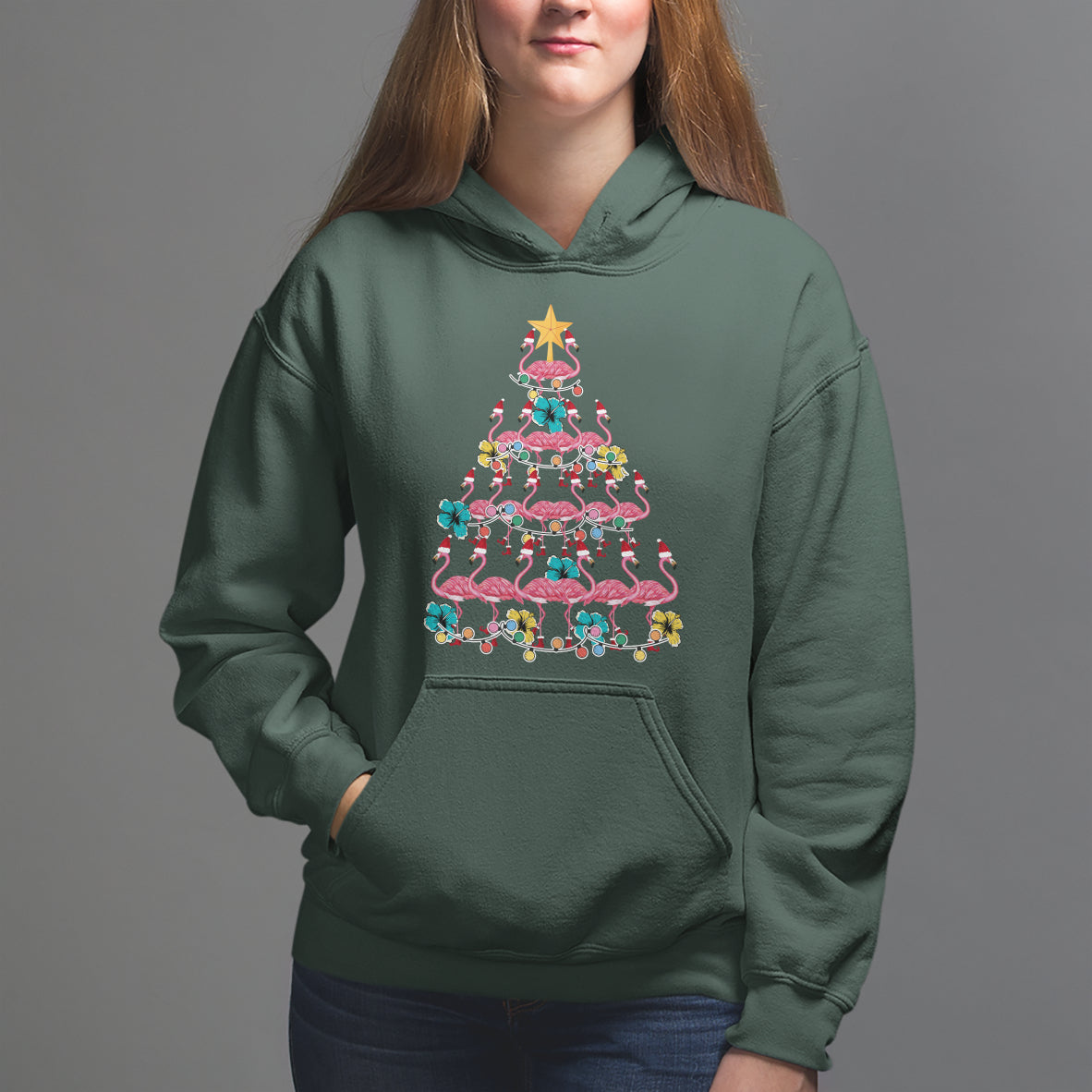 Cute Pink Flamingo Christmas Tree with Hibiscus Merry Xmas Hoodie - Wonder Print Shop