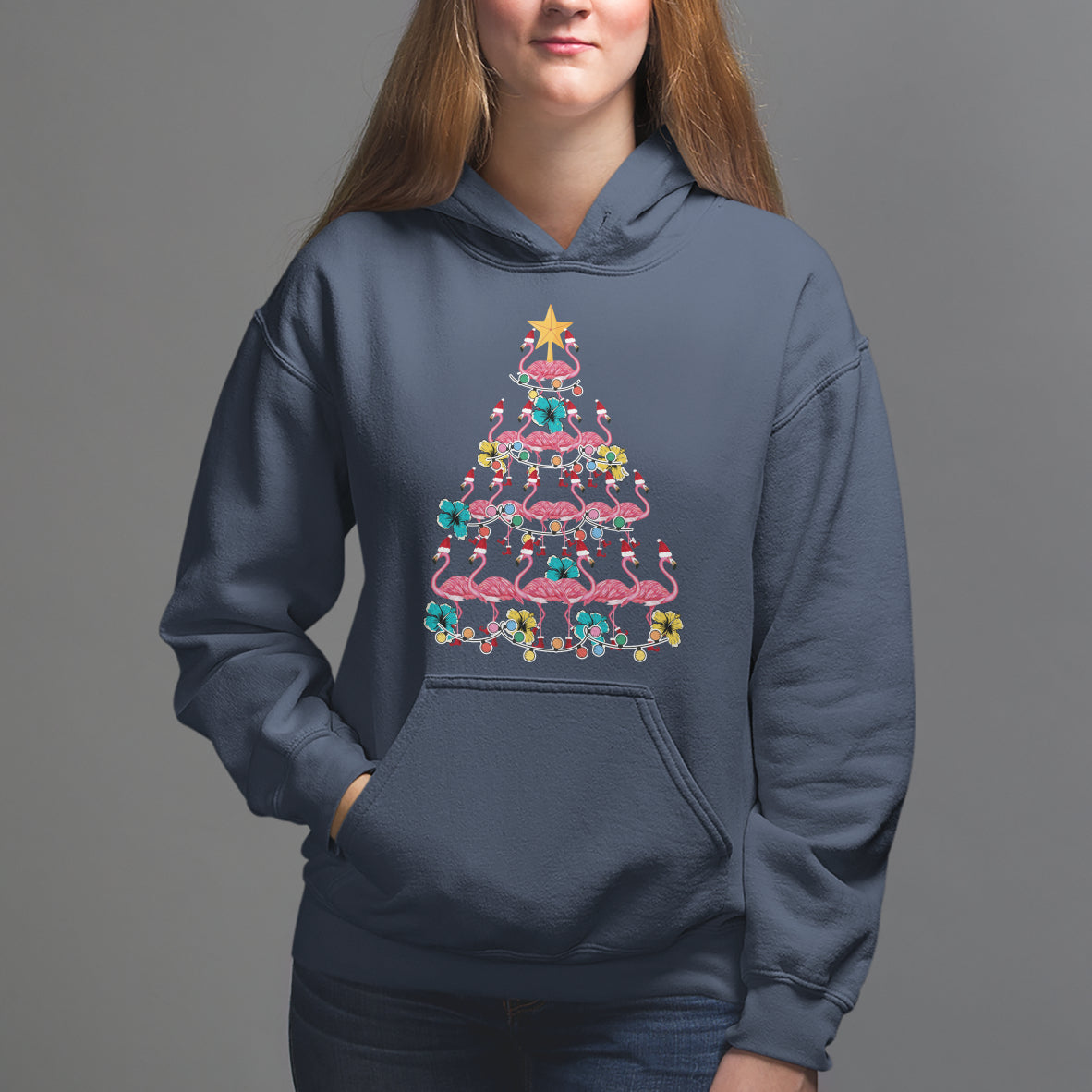 Cute Pink Flamingo Christmas Tree with Hibiscus Merry Xmas Hoodie - Wonder Print Shop