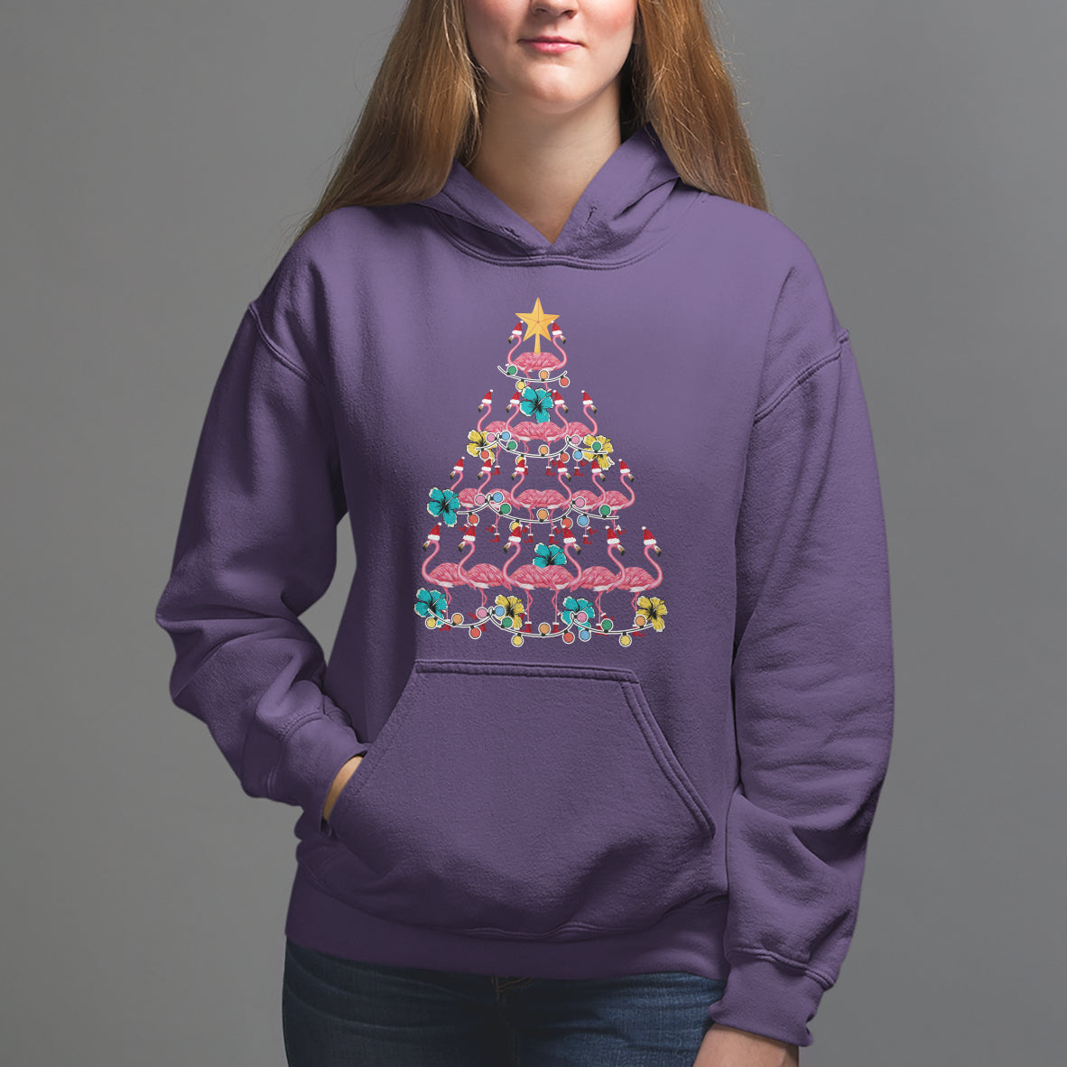Cute Pink Flamingo Christmas Tree with Hibiscus Merry Xmas Hoodie - Wonder Print Shop