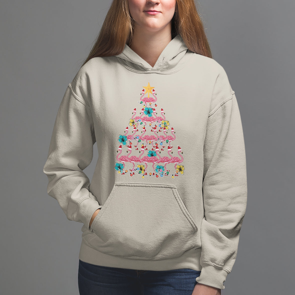 Cute Pink Flamingo Christmas Tree with Hibiscus Merry Xmas Hoodie - Wonder Print Shop