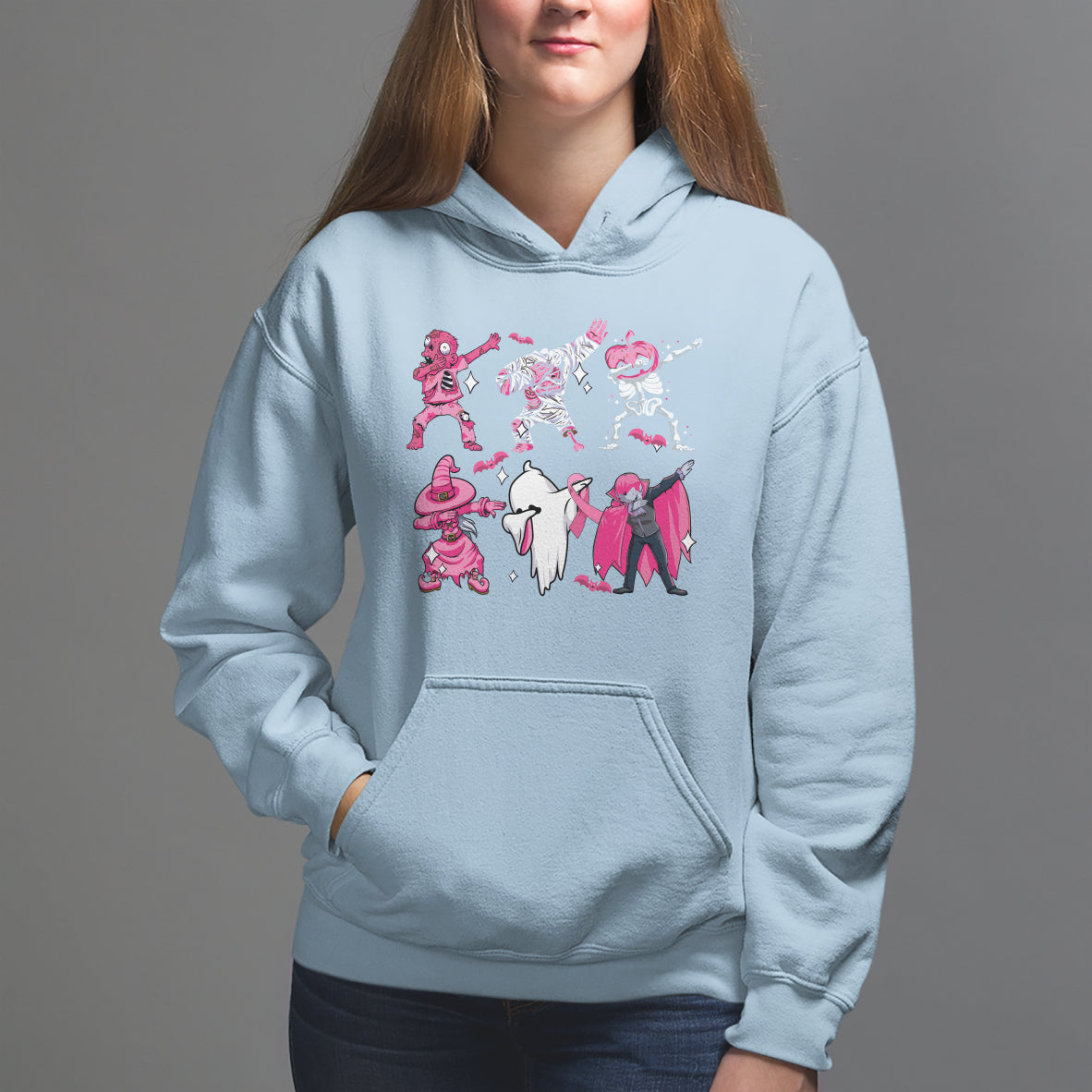 Halloween Breast Cancer Hoodie Dabbing Skeleton Zombie Pink Ribbon Breast Cancer Awareness - Wonder Print Shop