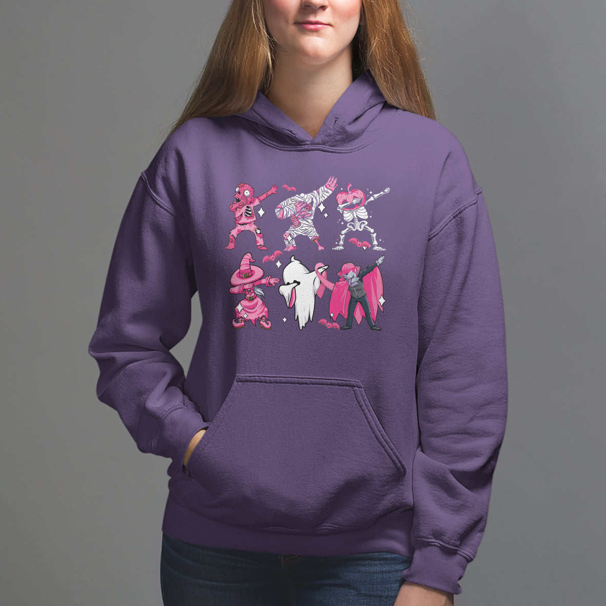 Halloween Breast Cancer Hoodie Dabbing Skeleton Zombie Pink Ribbon Breast Cancer Awareness - Wonder Print Shop