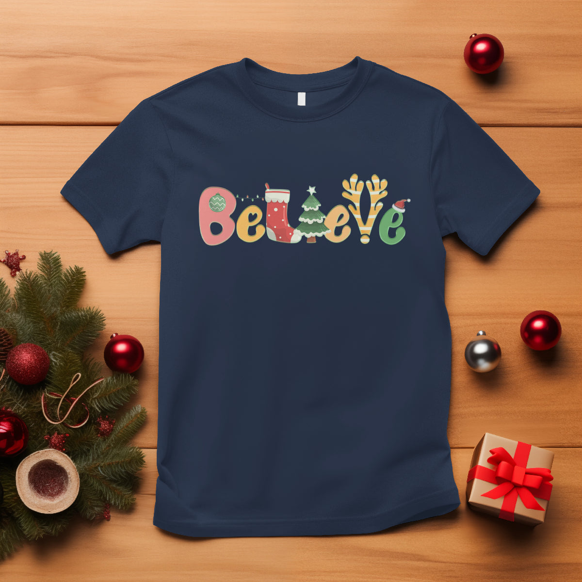 Believe Christmas T Shirt Santa Claus Reindeer Candy Cane Groovy Xmas - Wonder Print Shop