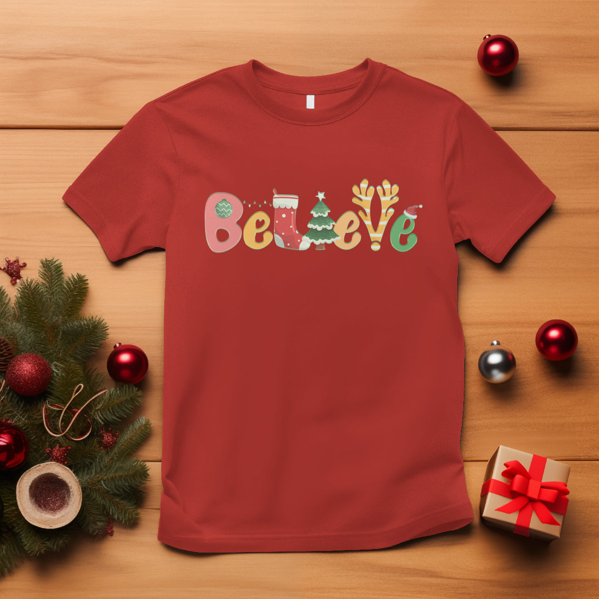 Believe Christmas T Shirt Santa Claus Reindeer Candy Cane Groovy Xmas - Wonder Print Shop