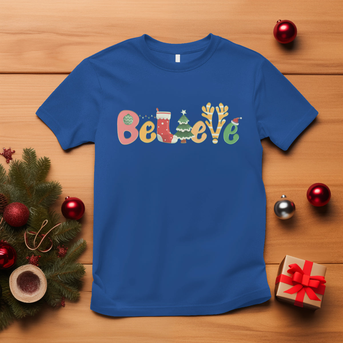 Believe Christmas T Shirt Santa Claus Reindeer Candy Cane Groovy Xmas - Wonder Print Shop