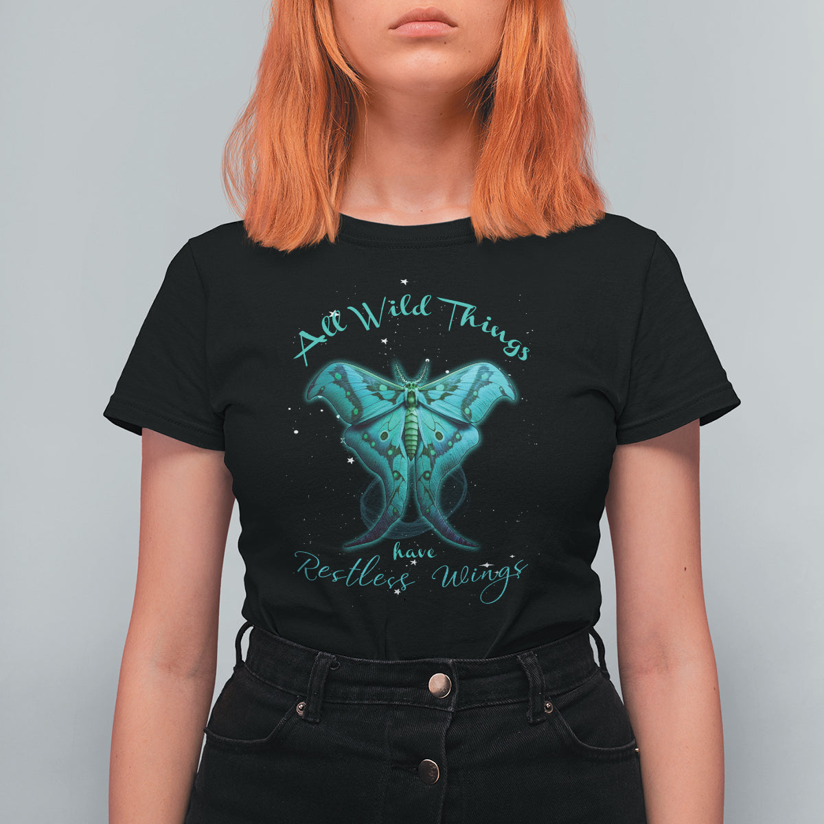 Black women’s t-shirt with teal moth graphic and curved script text