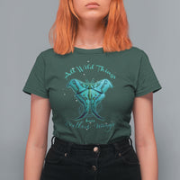 Forest green women’s t-shirt with teal moth graphic and script text