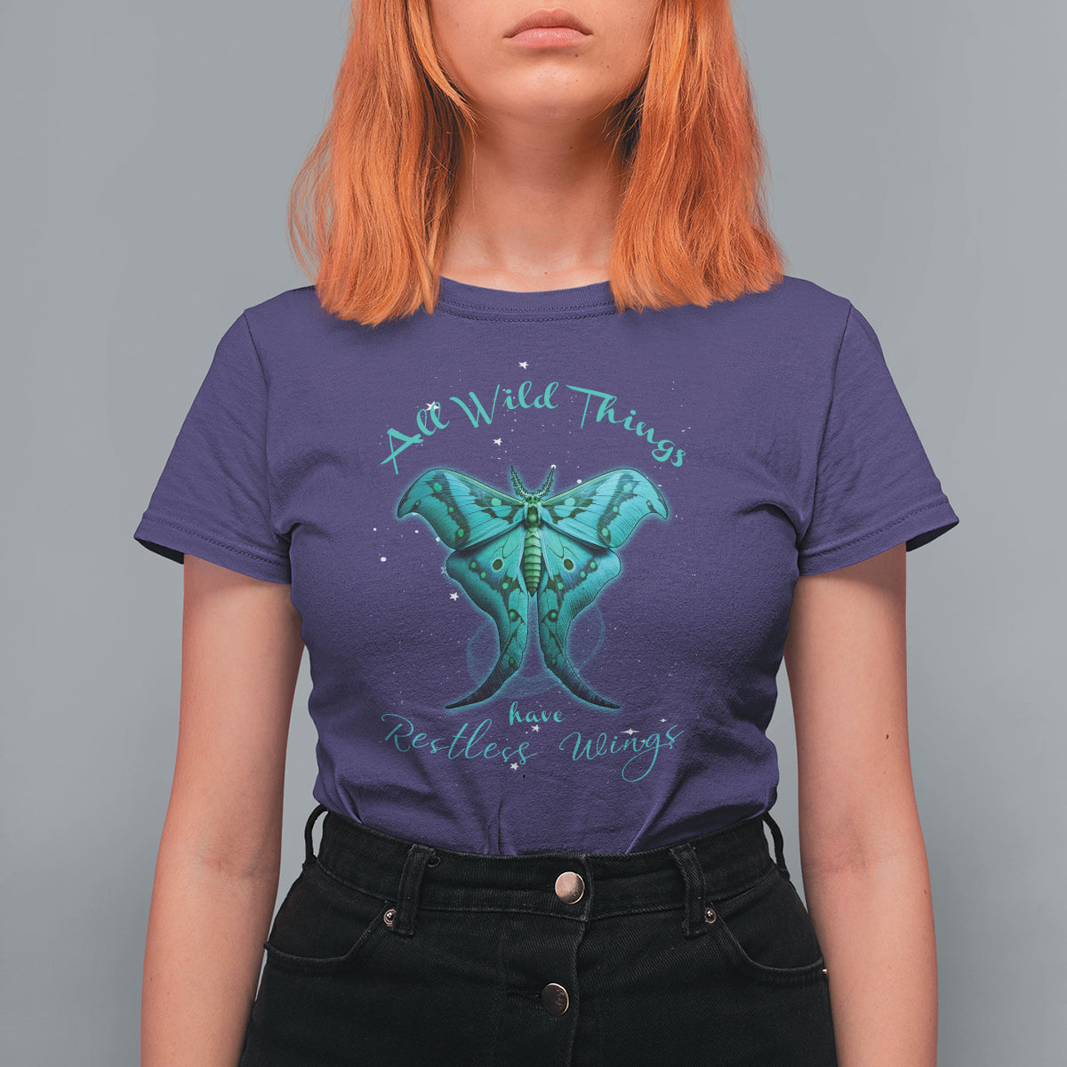 Purple women’s t-shirt with teal moth graphic and decorative script lettering
