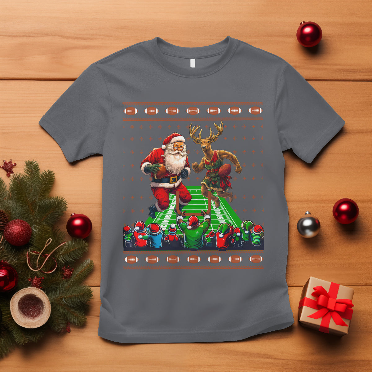 Christmas Sport T Shirt Santa Reindeer Play American Football - Wonder Print Shop