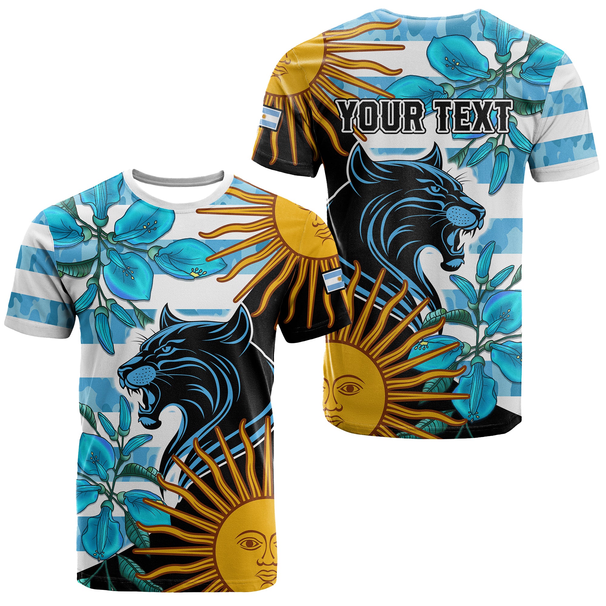 Personalised Argentina	Los Pumas Rugby T Shirt Sol de Mayo Mixed Ceibo Flowers LT9