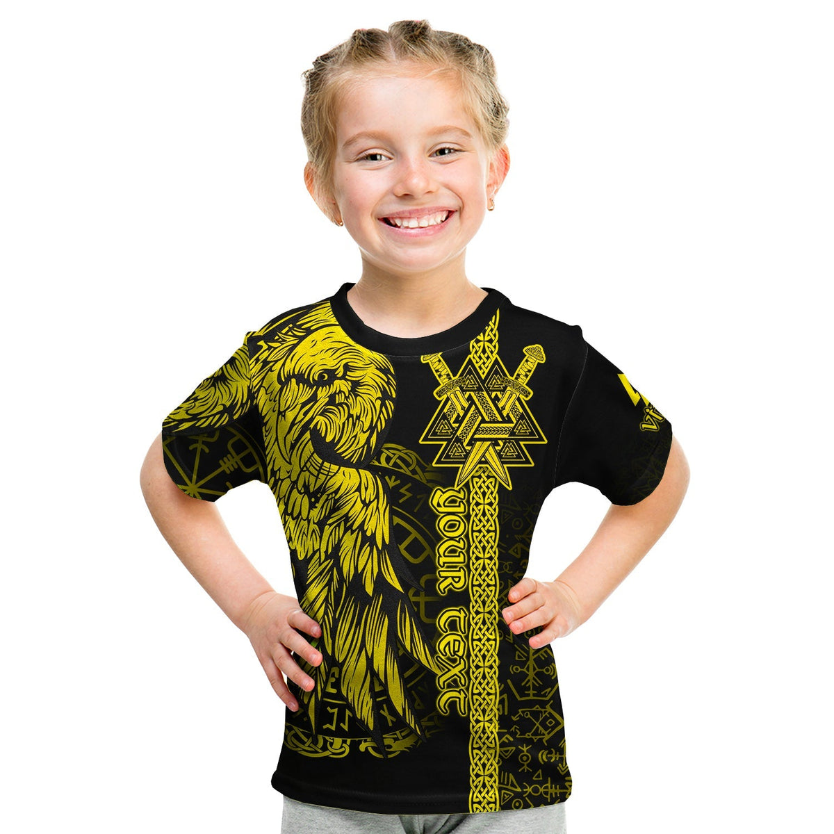 custom-viking-t-shirt-kid-valknut-raven-symbol-celtic-vegvisir-yellow-color