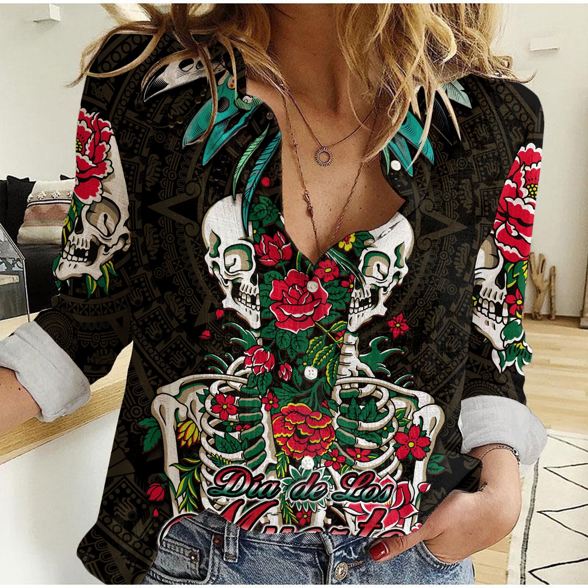 Mexico Women Casual Shirt Floral Skull Dia De Los Muertos - Wonder Print Shop