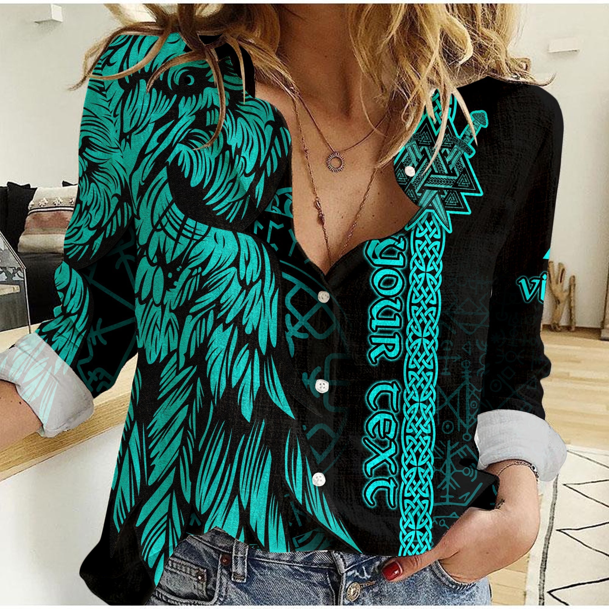 custom-viking-women-casual-shirt-valknut-raven-symbol-celtic-vegvisir-cyan-color