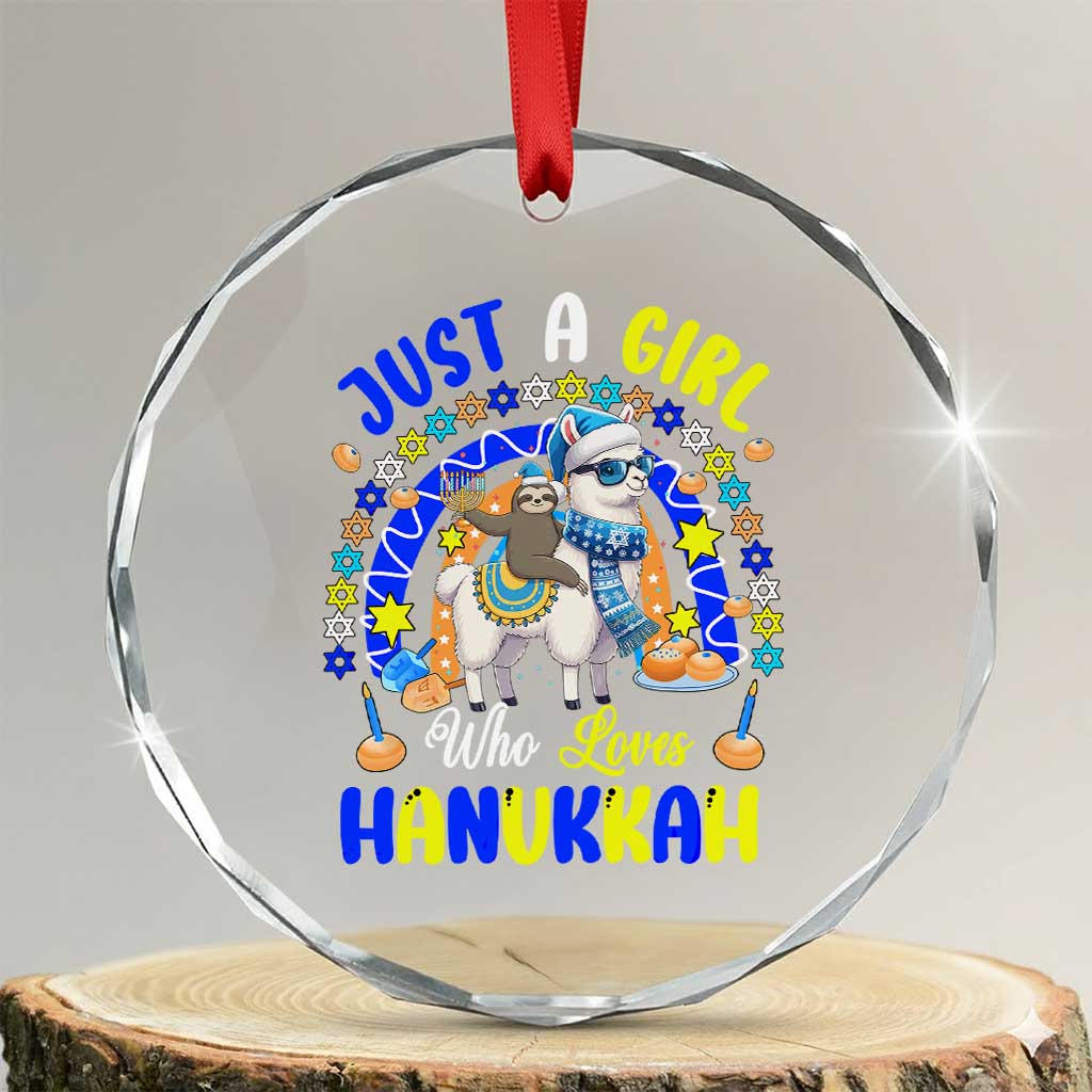 A Girl Loves Hanukkah Crystal Glass Ornament Funny Sloth On Llama Jewish Holiday Gift - Wonder Print Shop