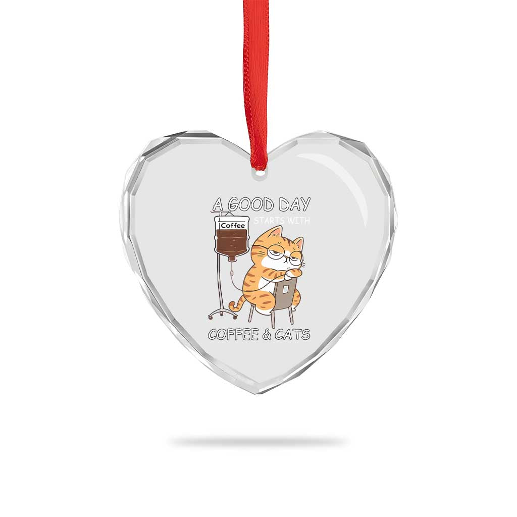 A Good Day Starts With Coffee And Cats Heart Crystal Glass Ornament Funny Purrfect Morning - Wonder Print Shop