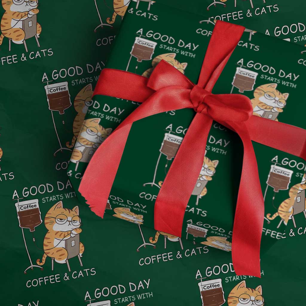 A Good Day Starts With Coffee And Cats Wrapping Paper Roll Funny Purrfect Morning - Wonder Print Shop