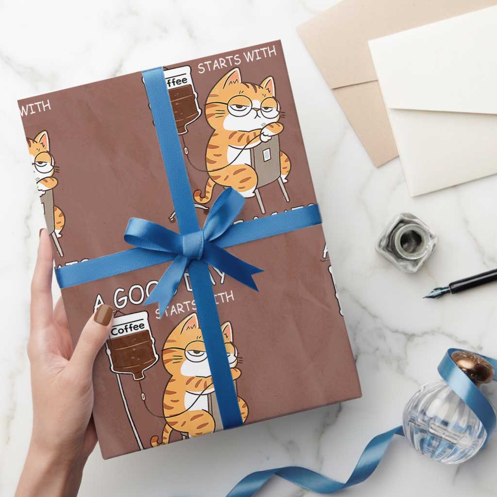 A Good Day Starts With Coffee And Cats Wrapping Paper Roll Funny Purrfect Morning - Wonder Print Shop