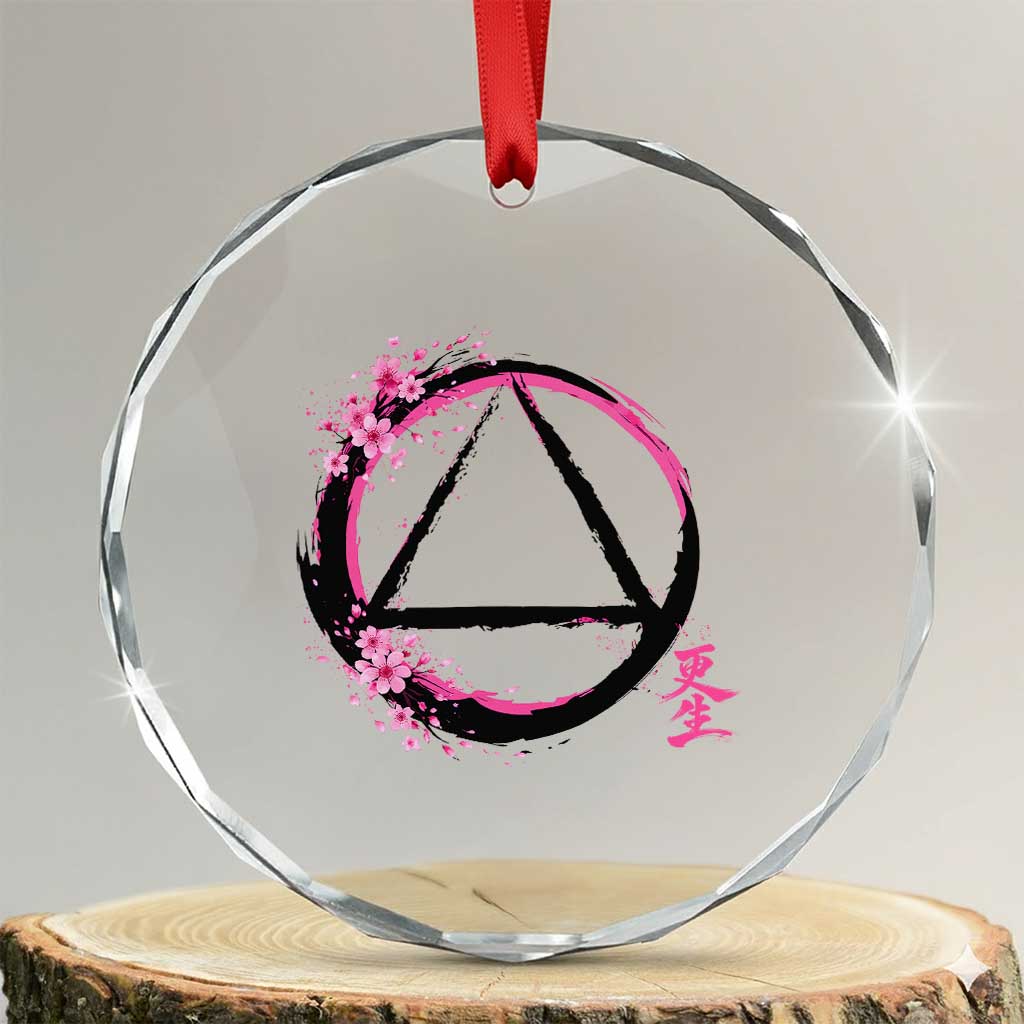 AA Sober Symbol Serenity Recovery Crystal Glass Ornament Japanese Cherry Blossom Brushstroke Circle