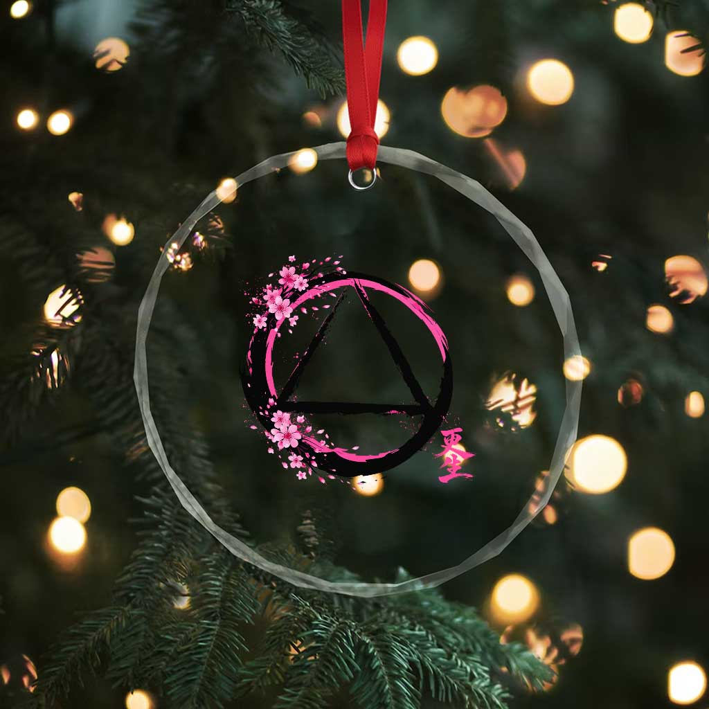 AA Sober Symbol Serenity Recovery Crystal Glass Ornament Japanese Cherry Blossom Brushstroke Circle