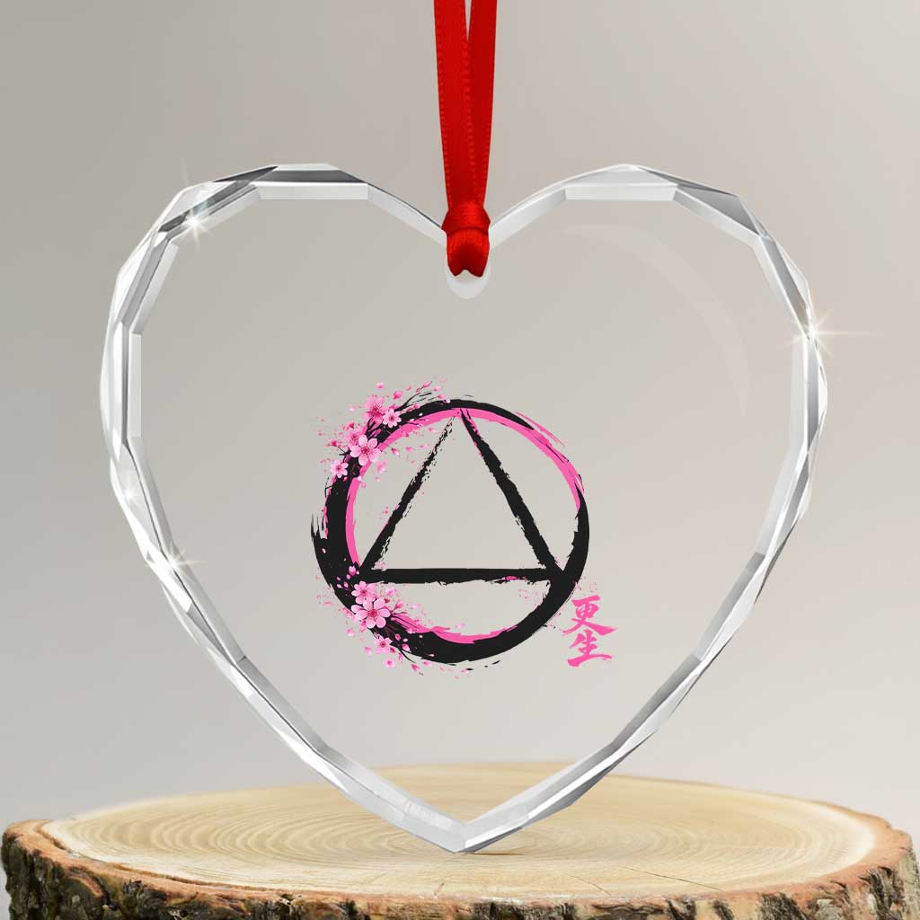 AA Sober Symbol Serenity Recovery Heart Crystal Glass Ornament Japanese Cherry Blossom Brushstroke Circle