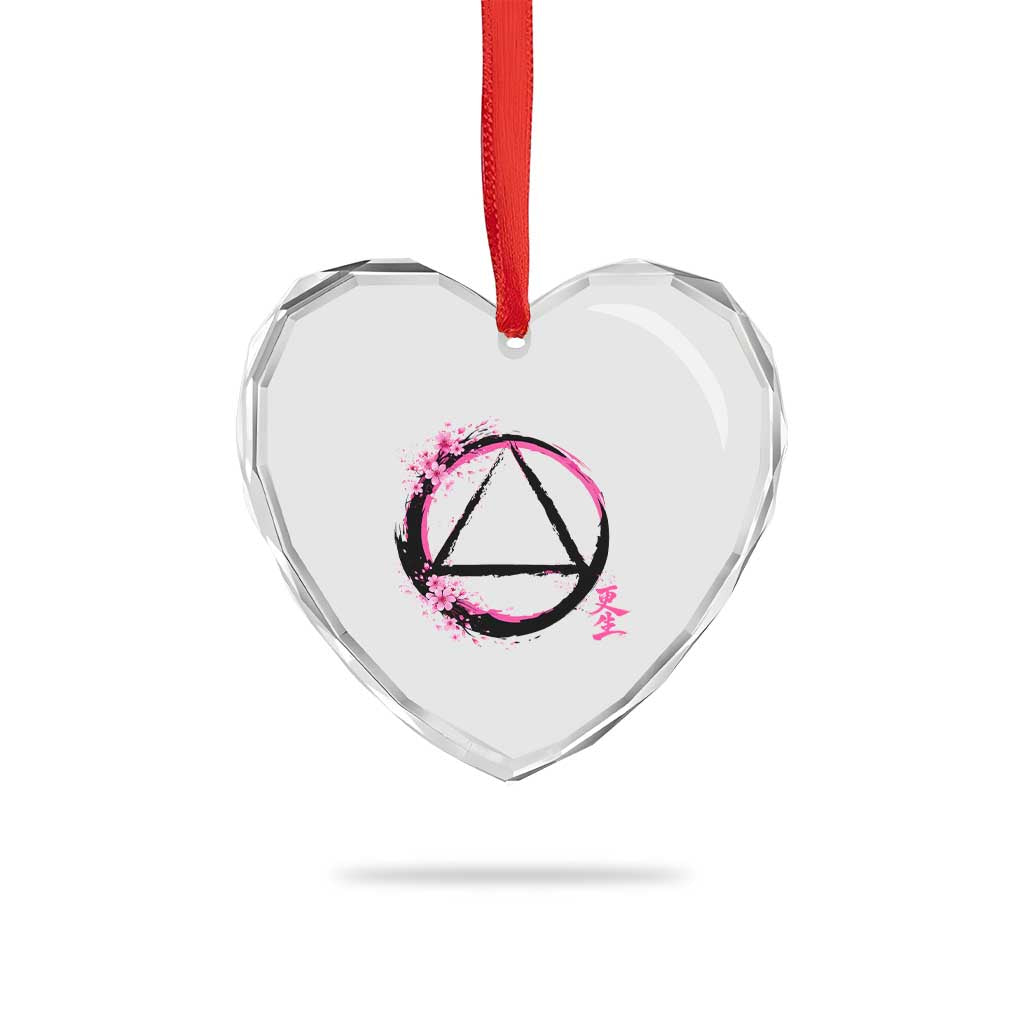 AA Sober Symbol Serenity Recovery Heart Crystal Glass Ornament Japanese Cherry Blossom Brushstroke Circle