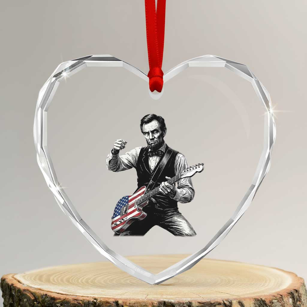 Abraham Lincoln Playing Guitar Vintage American Flag Heart Crystal Glass Ornament