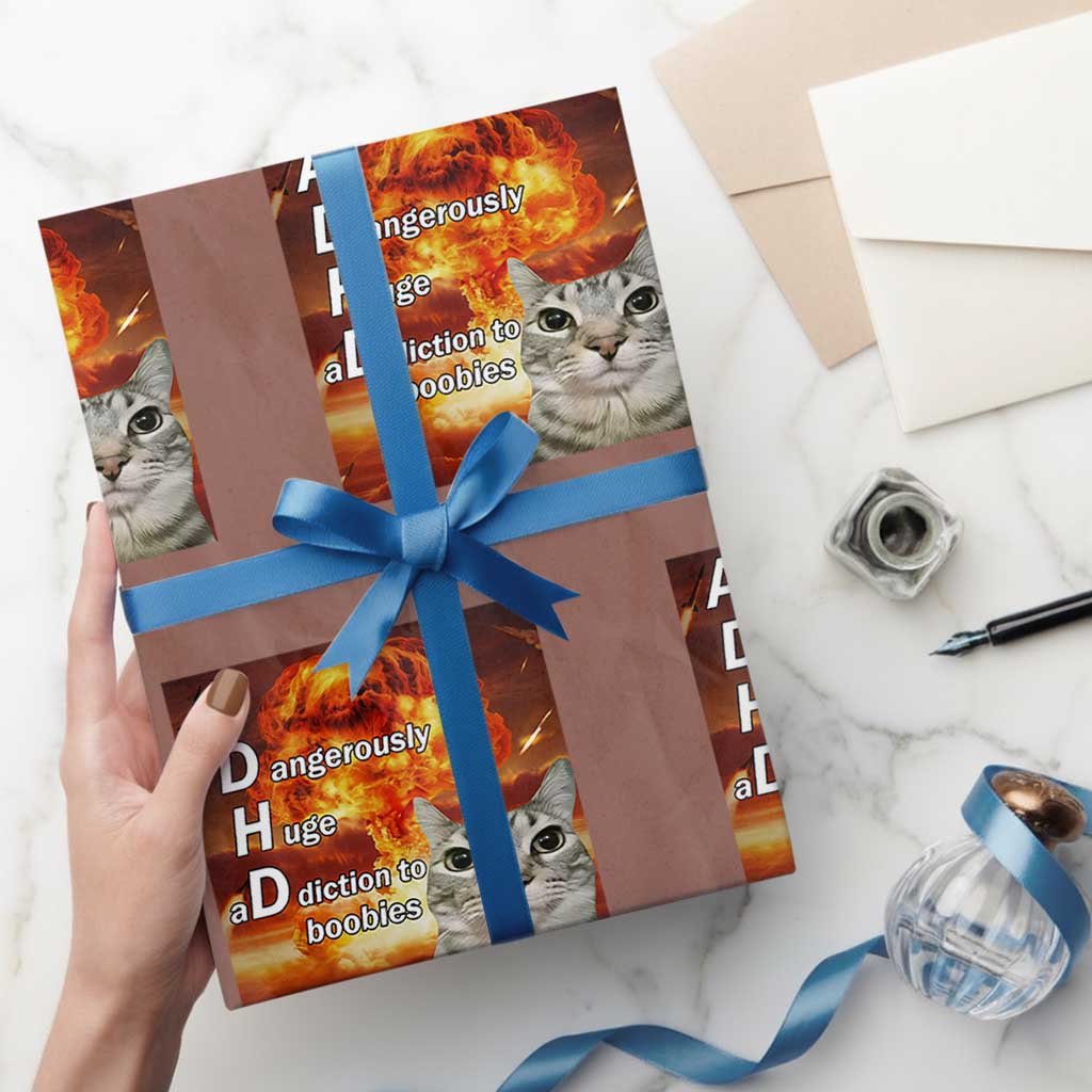 ADHD Cat Meme Wrapping Paper Roll Funny Kitty Flames Neurodivergent Gen Z - Wonder Print Shop