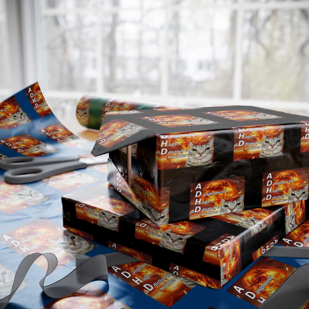 ADHD Cat Meme Wrapping Paper Roll Funny Kitty Flames Neurodivergent Gen Z - Wonder Print Shop
