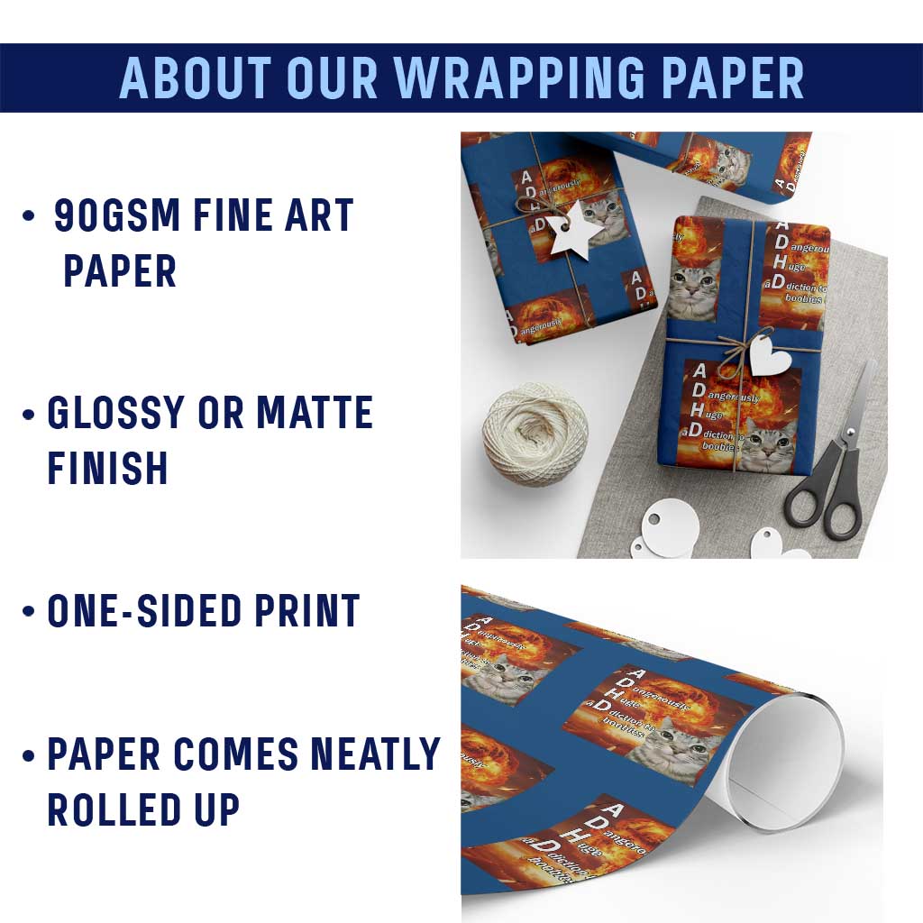 ADHD Cat Meme Wrapping Paper Roll Funny Kitty Flames Neurodivergent Gen Z - Wonder Print Shop