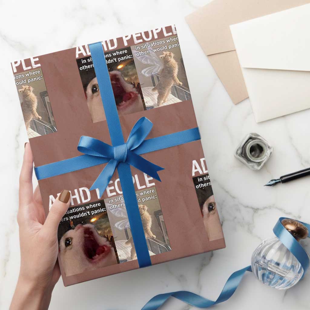 ADHD Cat Meme Wrapping Paper Roll Funny Panic Cat Mental Health Awareness - Wonder Print Shop