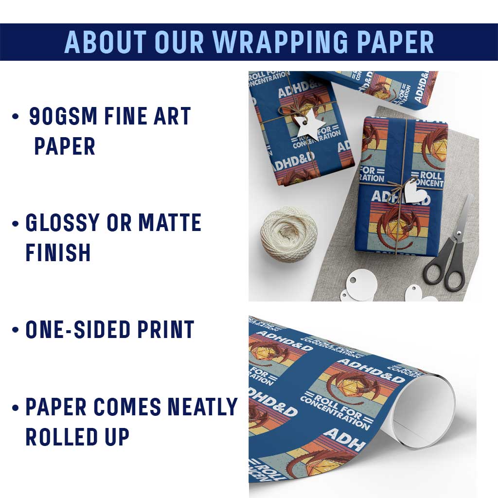 ADHD&D Roll For Concentration Wrapping Paper Roll Funny RPG Gamer D20 Tabletop Dice - Wonder Print Shop