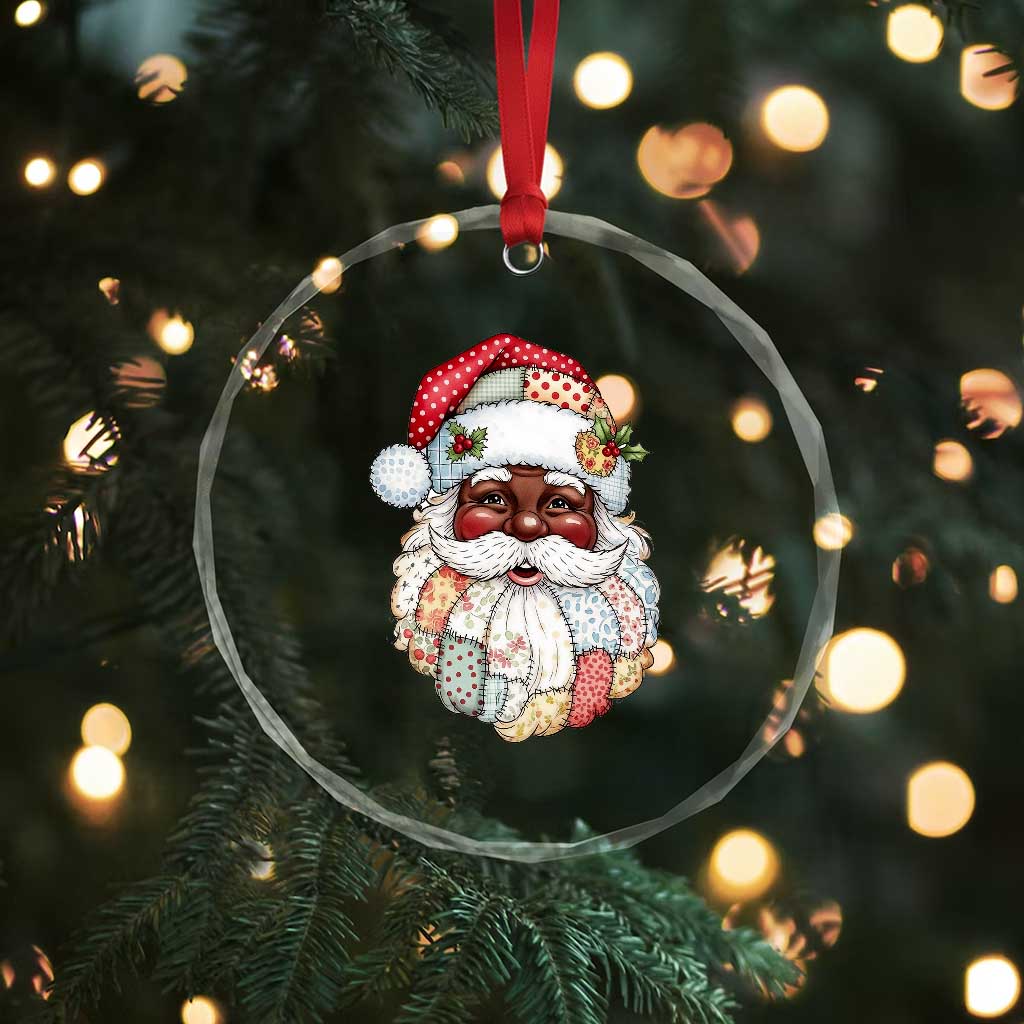 African American Christmas Retro Patchwork Black Santa Crystal Glass Ornament - Wonder Print Shop
