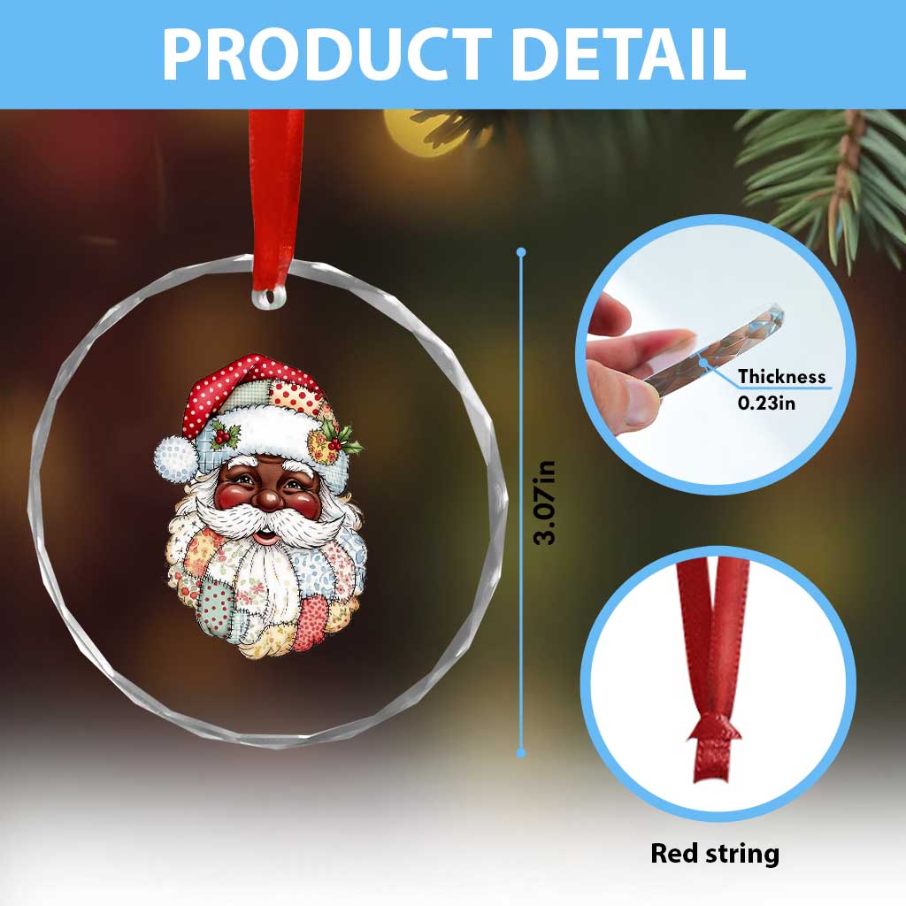 African American Christmas Retro Patchwork Black Santa Crystal Glass Ornament - Wonder Print Shop