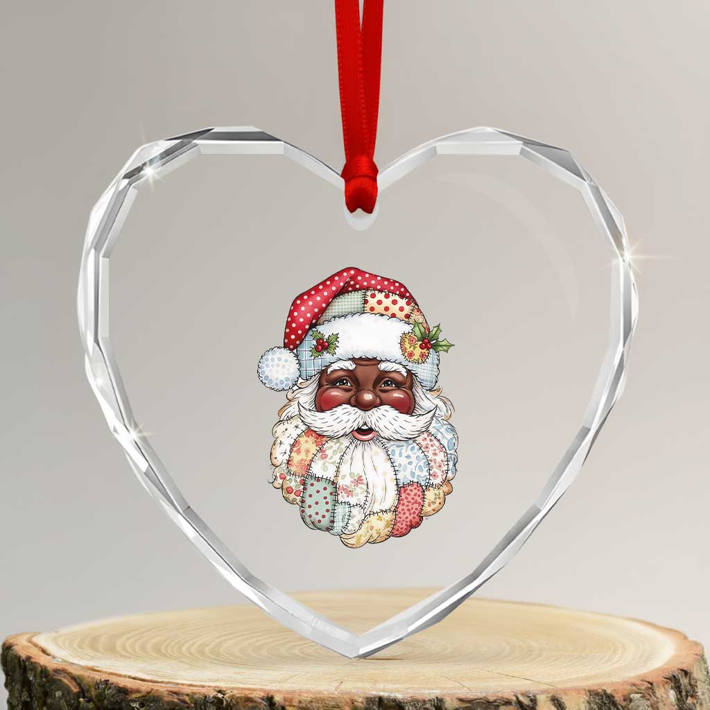 African American Christmas Retro Patchwork Black Santa Heart Crystal Glass Ornament - Wonder Print Shop
