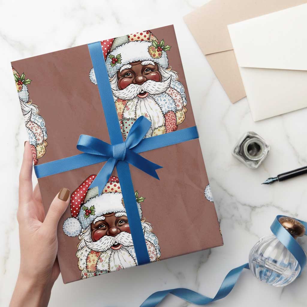 African American Christmas Retro Patchwork Black Santa Wrapping Paper Roll - Wonder Print Shop