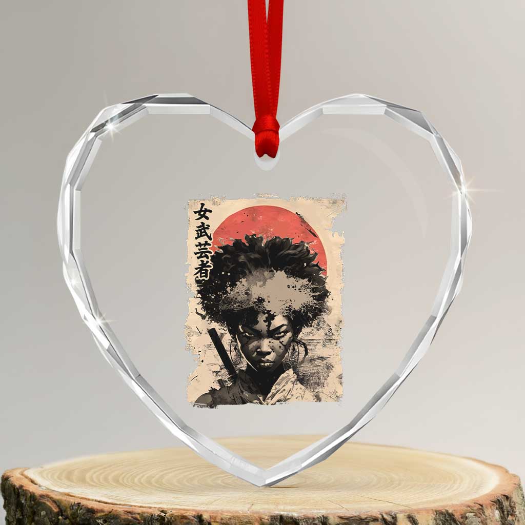 African American Female Samurai Warrior Heart Crystal Glass Ornament Japanese Art Black Onna Bugeisha