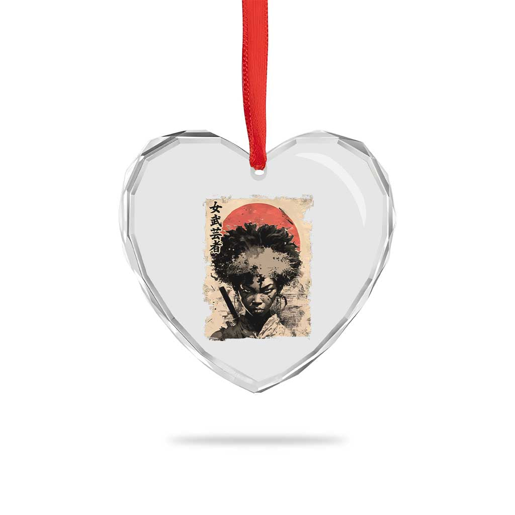 African American Female Samurai Warrior Heart Crystal Glass Ornament Japanese Art Black Onna Bugeisha