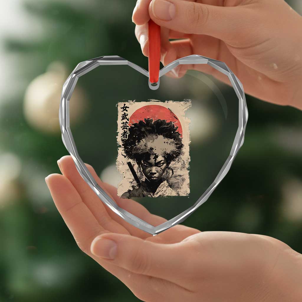 African American Female Samurai Warrior Heart Crystal Glass Ornament Japanese Art Black Onna Bugeisha