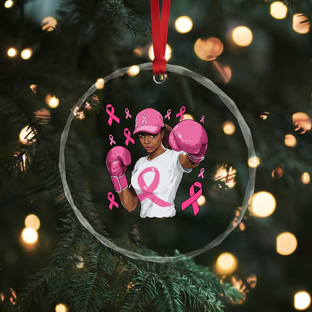 African American Fighter Breast Cancer Awareness Crystal Glass Ornament Pink Ribbon TS11