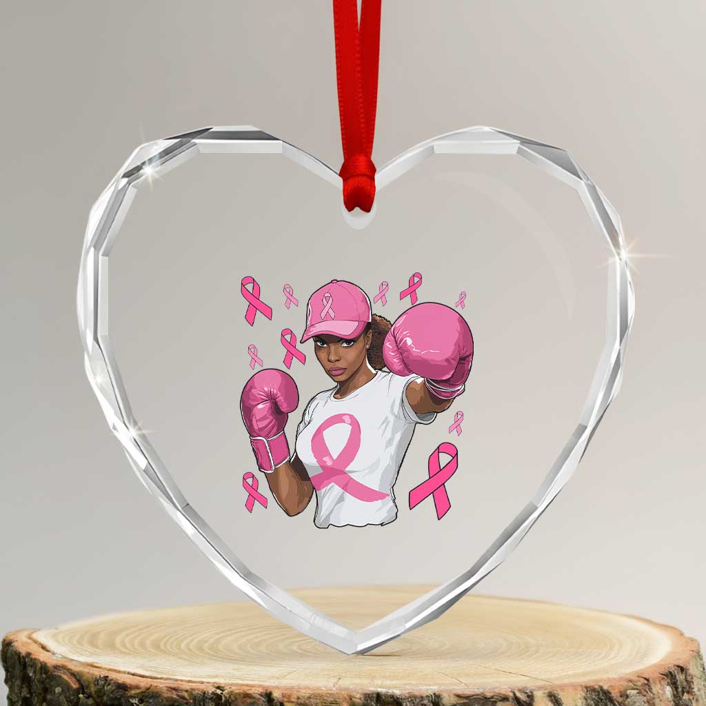 African American Fighter Breast Cancer Awareness Heart Crystal Glass Ornament Pink Ribbon - Wonder Print Shop