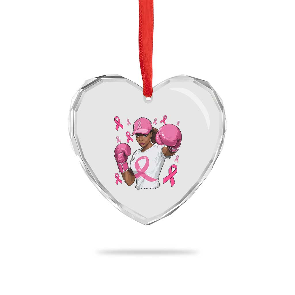 African American Fighter Breast Cancer Awareness Heart Crystal Glass Ornament Pink Ribbon - Wonder Print Shop